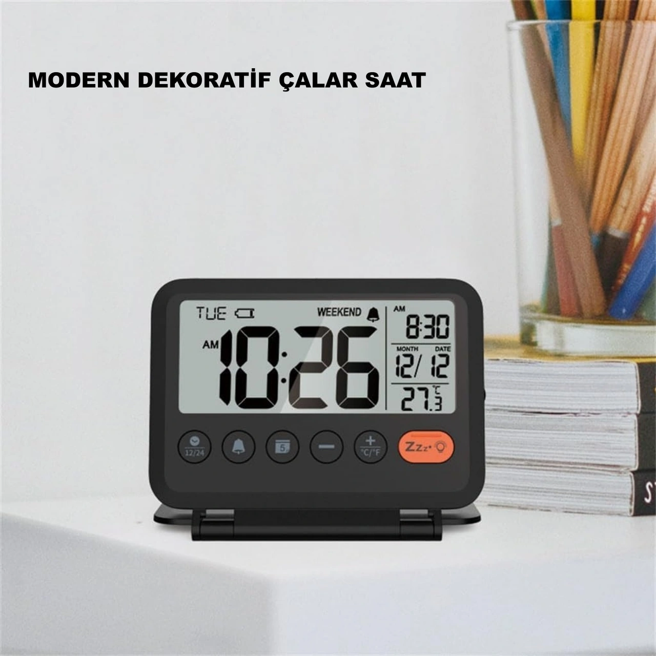 Hymark Lcd Katlanır 10x8cm Dijital Masa Saati Çalar Saat Takvim Sıcaklık Led Pilli Seyahat Ofis Ev Siyah