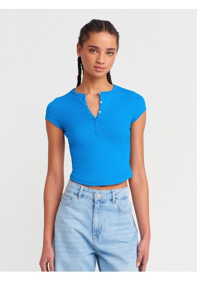 Dilvin 31719 Çıtçıtlı Kısa Kollu Top-saks Saks