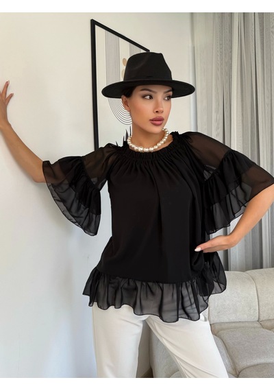 Lodmela Yaka Lastikli Şifon Bluz 6022-Siyah