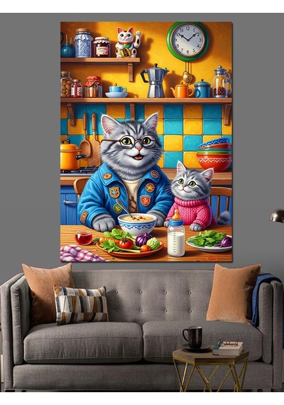 Ahşap Tablo Kedi Aşçı Yemek Yapıyor