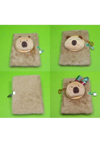 Capybara Çantalı Çizgili Kilitli Peluş Defter 80 Yaprak Çok Renkli