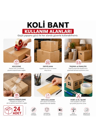 24 Adet Şeffaf Koli Bandı 45 Mm X 100 M Güçlü Yapışkan Ambalaj Paketleme Bandı