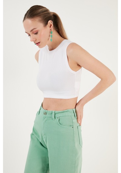 Lela Pamuklu Bisiklet Yaka Dar Kesim Crop Bayan Atlet 5865259 Beyaz
