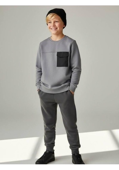 Zekids Erkek Çocuk Cep Detaylı Pamuklu İnce Sweatshirt-16650 Gri