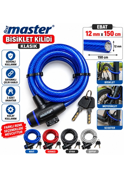 Master Bisiklet Kilidi Extra Sağlam Kilit 12 Mm X 150 Cm Karışık Renk Gönderilir Çok Renkli