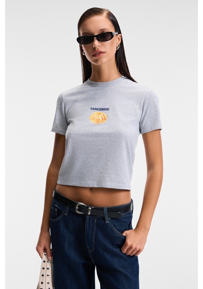 ETHIQUET E VERA Kadın %100 Pamuk Comfort Fit Baskılı Kısa Kollu Yuvarlak Yaka Grimelanj T-Shirt
