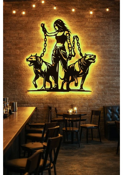Led Işıklı Güçlü Zincirli Kadın Ve Kurt Köpek Figürlü Tablo Dekoratif Gece Lambası Sarı - 825805816 Sarı