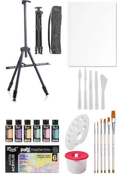 Rich Mastermix Akrilik Boya Seti 6 Pastel Renk 3 Ayaklı Metal Şövale 35x50 Tuval Plastik Spatül Seti