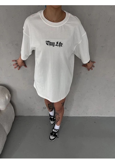 Freedom Store Kadın Kısa Kol Yazlık Tişört Bisiklet Yaka Baskılı Oversize T-shirt - Beyaz
