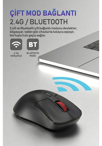 Kablosuz Mouse 2.4g + Bluetooth Çift Modlu Sessiz Tıklama 1600 Dpı Ayarlı Hafif Ergonomik Tasarım 4 Tuşlu Usb Alıcılı Tak Çalıştır Bilgisayar Mouse Ajazz Nj02