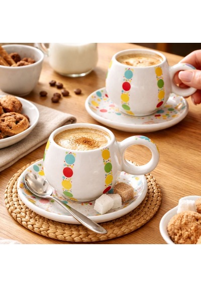 Dyris 2 Li Renkli Kahve Fincanı Seti 7 Cm Fincan 12 Cm Tabak Espresso Cappuccino Americano Beyaz X Renkli