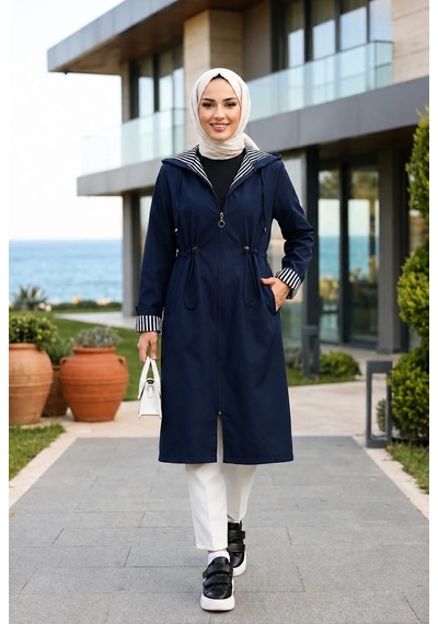 Hb Harma Time Butik Kadın Kapüşonlu Fermuarlı Ara Boy Bondit Kumaş Lacivert Trenç