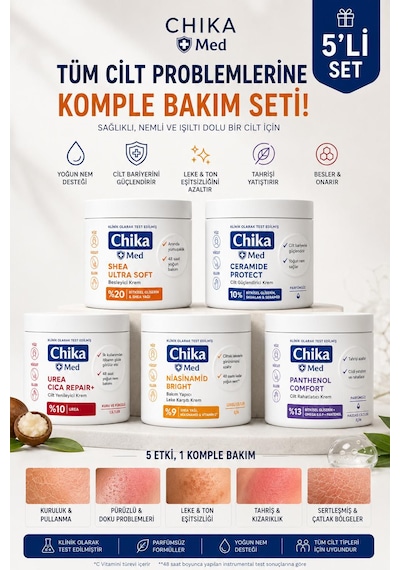 Chika Med + Tüm Bakım Seti 5 Li Komple Cilt Bakım Seti Yoğun Nem, Onarım & Aydınlık Etki