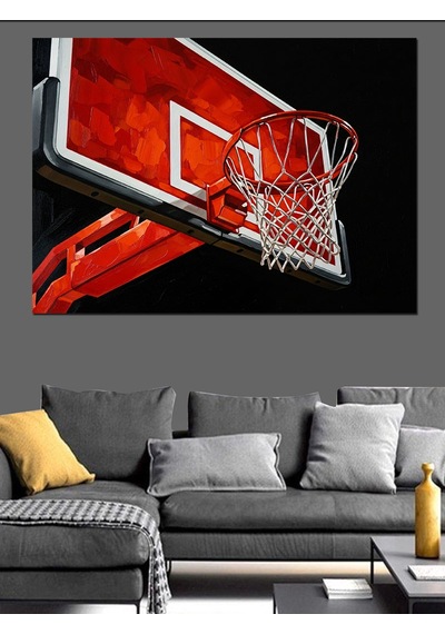 Kırmızı Basketbol Potası Siyah Fon Dekoratif Kanvas - Mdf Ahşap Tablo