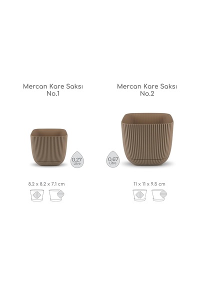Mercan Kare Saksı Seti 0,27 Litre + 0,67 Litre, İç Mekan - Dış Mekan 2li Ekonomik Gizli Su Hazneli Plastik Saksı Set Kahve Renk