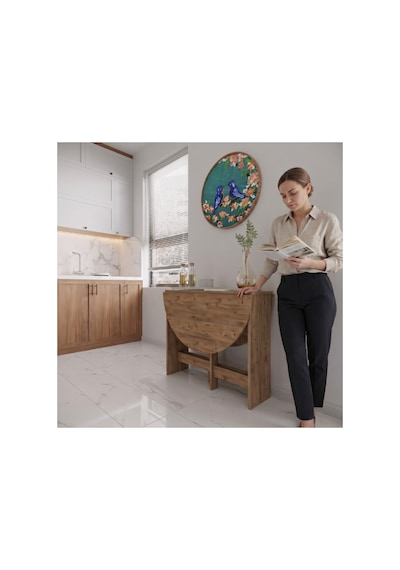 Pratik Katlanır - Açılır Kapanır Yuvarlak Mutfak Yemek Çalışma Masası - 6 Kişilik - %100 Mdf Çam