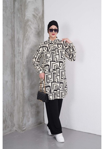 Polologin Butik Siyah Labirent Çizgili Tunik Ve Siyah Pantolon Takım Krem Siyah