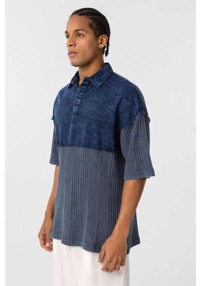 Vamos Yıkamalı Triko Oversize Polo Yaka Tişört V70-53 İndigo