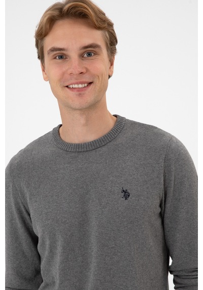U.S. Polo Assn. Erkek Slim Fit Bisiklet Yaka Gri Melanj Basic Kazak 50313713-VR086