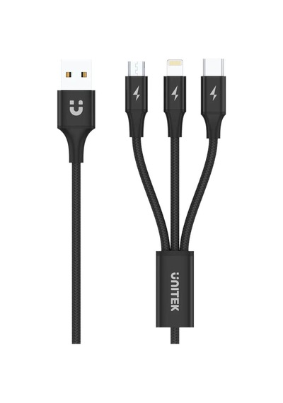 Unıtek Usb-a 3in1 Hızlı Şarj Kablosu 1.2mt 2.4a Mıcro Usb, Type-c, Lıghtnıng C14049bk