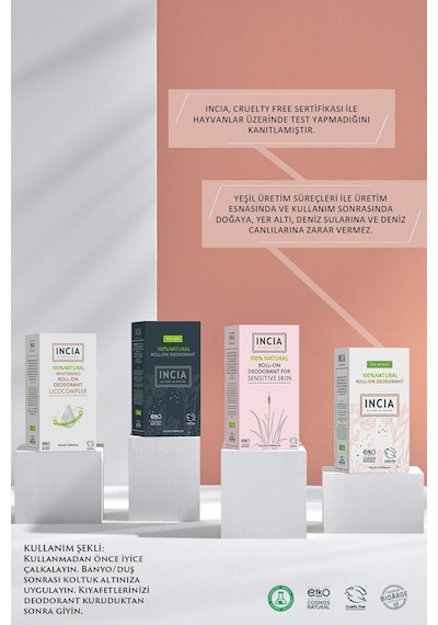INCIA %100 Doğal Roll On Deodorant Kadınlar İçin Ter Kokusu Önleyici Leke Yapmayan 50 ML