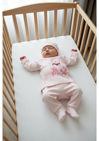 Yağmur Giyim %100 Pamuk Kendinden Eldivenli Bebek Ayıcıklı Pembe 3 Parça Hastane Çıkışı Seti 216-pe Çok Renkli