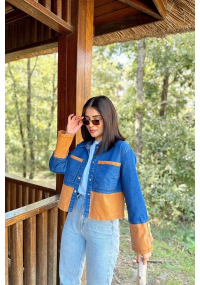 Kadın Mavi & Turuncu Denim Kontrast Çift Renk Detay, Ön Düğmeli Manşetli, Kot Ceket Turuncu