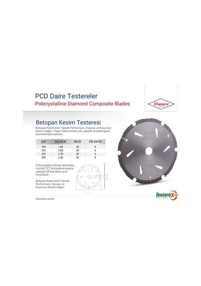 Flamex 255x2.2x30mm 6 Diş Pcd Dairesel Fibercement Kesim Testeresi Betopan, Hekimboard, Ekobord