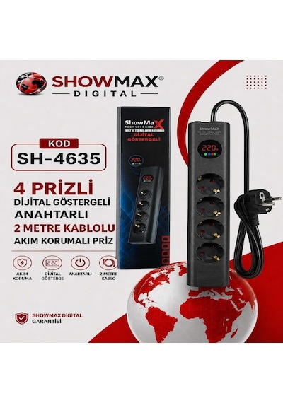 Showmax Sh-4635 Dijital Göstergeli 4lü 2metre Kablolu Akım Korumalı Grup Priz 2 M
