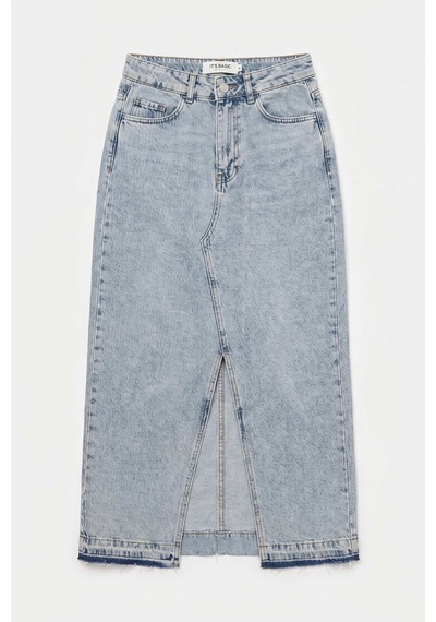 Itsbasic Kadın Snow Kot Rengi Derin Yırtmaçlı Yüksek Bel Uzun Denim Etek