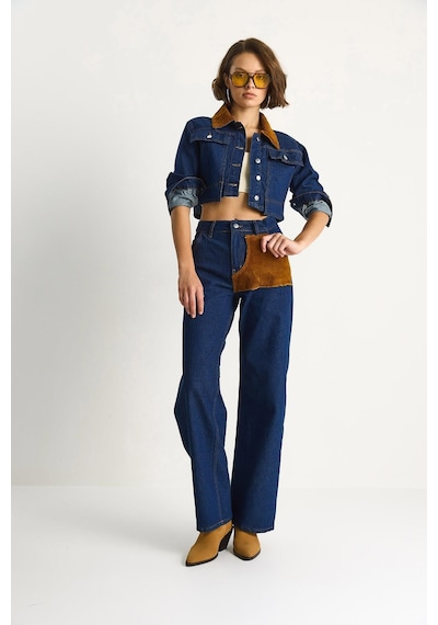 Shade Kadın Kadife Yaka Ceket Renk Bloklu Wide Leg Pantolon Denim Takım 6087 60283532 - Lacivert