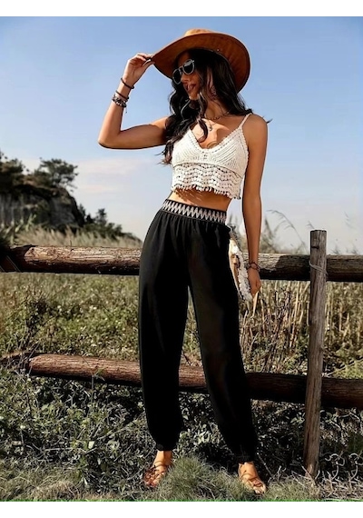 DefyModa Kadın Yüksek Bel Beli Lastikli Dökümlü Ve Beli Şeritli Pera Pantolon Siyah