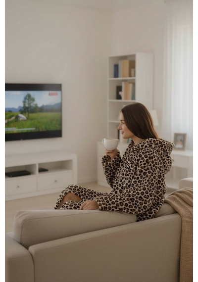 Serona Wellsoft Peluş Kapüşonlu Uzun Panço Yumuşak Dokulu Giyilebilir Tv Battaniyesi Leopar S/m Leopar