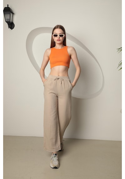 Chıcnhappy Müslin Kumaş Bol Paça Kadın Pantolon Taş 24y00600125 Taş