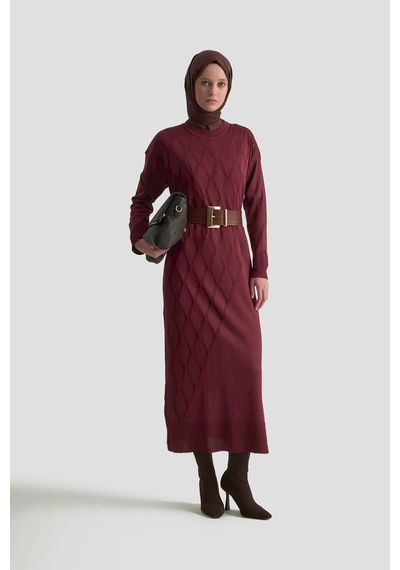 Armine Trend Baklava Desenli Triko Elbise Bordo 25ytd957