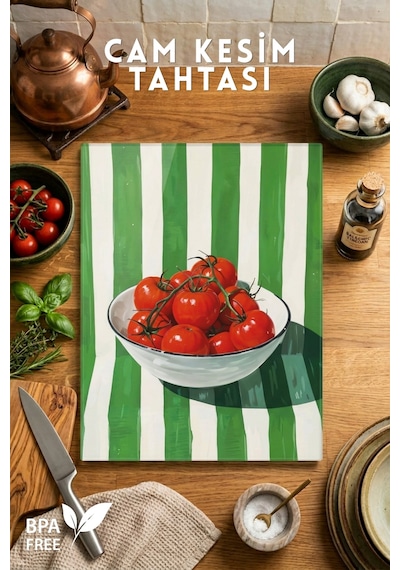 Domates Desenli Cam Kesim Tahtası - 25x35cm -dayanıklı Ve Pratik Kesim Matı Kırmızı