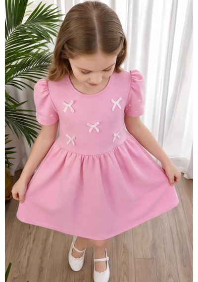 Fesshera Kids Kız Çocuk Fiyonk Detaylı Kolları İncili Düğme Kapamalı Abiye Elbise Kısa Kollu Özel Gün Parti Doğum Günü Elbisesi Pembe
