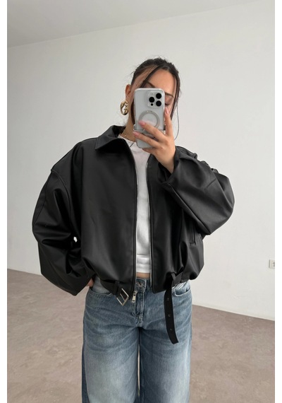 Pop Story Kadın Oversize Bomber Premium Deri Ceket Kemerli Siyah Siyah