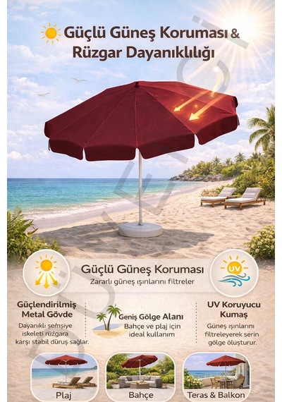 Bordo Plaj Şemsiyesi 200 Cm Çap /10 Telli, Polyester Kumaş Bordo