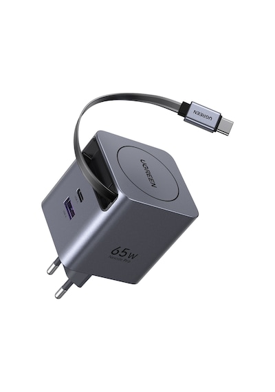 Ugreen 65w Makaralı Dahili Kablolu Gan Hızlı Şarj Cihazı, 2xusb-c, 1xusb-a, Gri, 65825