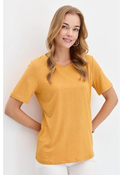 Desen Triko Kadın Sıfır Yaka Flamlı Kumaş Penye T-shirt Kmy24084 Hardal