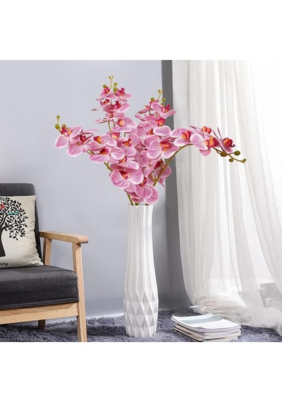 4lü Set Yapay Çiçek Pembe Islak Orkide ve 2 Adet Orkide Yaprağı Gerçeksi Doku Uzun Dal 90cm