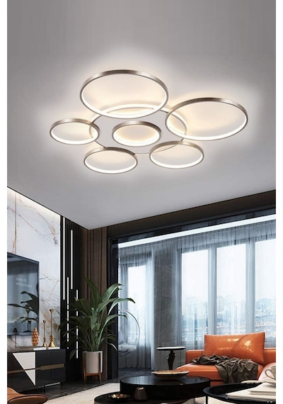Ömür Avize Jüpiter Modern Gri Kasa 75 Cm Beyaz Ledli Plofonyer Ledli Avize Gri