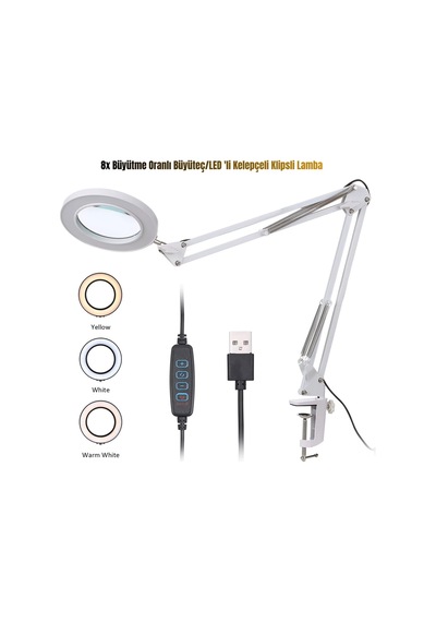 5/8x Çok Fonksiyonlu Büyüteçli Led Masa Üstü Lamba 3 Işık Modlu Akrobat Katlanabilir Büyüteç - 813568152