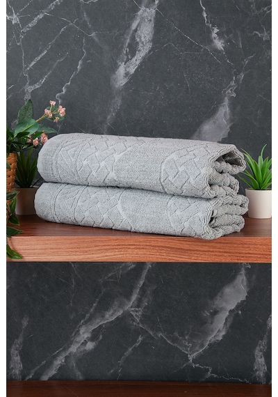 Ayak İzi Desenli 2li Ayak Havlusu - 50x70 Cm - Su Emici Banyo Paspası Seti - Gri Gri