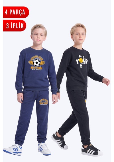 Fyk Kids 3 İplik Baskılı Erkek Çocuk Çift Cepli Bisiklet Yaka 2'li Eşofman Takımı 4 Parça Lacivert-siyah
