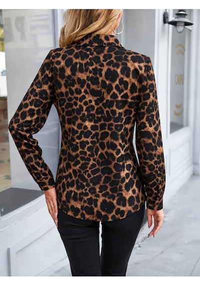 Kadın Uzun Kollu Yakalı Önden Düğmeli Leopar Desenli Modal Gömlek Bluz Kahve