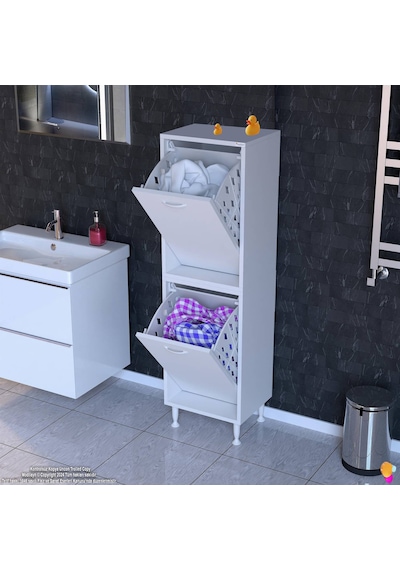 Eliusta Veluna 45 Cm Kirli Çamaşır Sepetli Dolap Banyo Dolabı Beyaz 45x138x32,5 Cm 2 Sepetli Dolap Beyaz