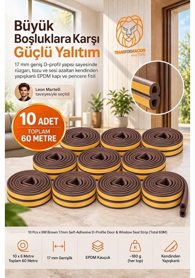 60m Kahverengi 17mm Geniş Kapı Pencere Bandı Kendinden Yapışkanlı D Profil İzolasyon Süngeri Kauçuk Fitil Hava