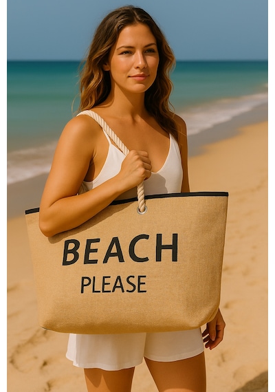 Prendi Home Siyah Beach Please Yazılı Büyük Boy Piknik Ve Plaj Çantası Halat Saplı 55x36x15 Cm Çok Renkli